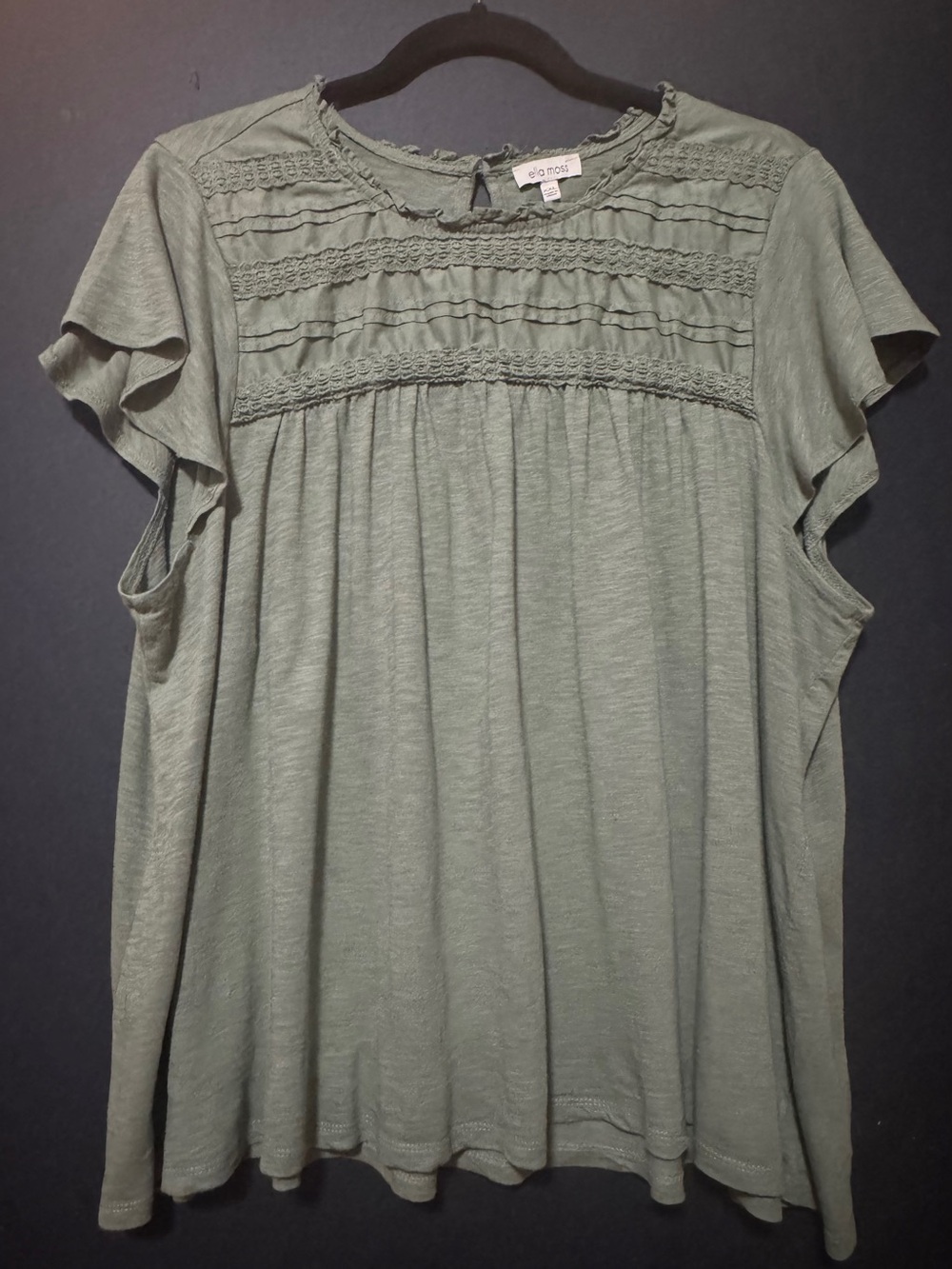 Ella Moss Beautiful Sage Green Crochet Yoke Flutter Sleeve Top